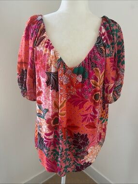 LOFT Floral aRounded V Neck Peasant Blouse in Orange and Pink Sz S